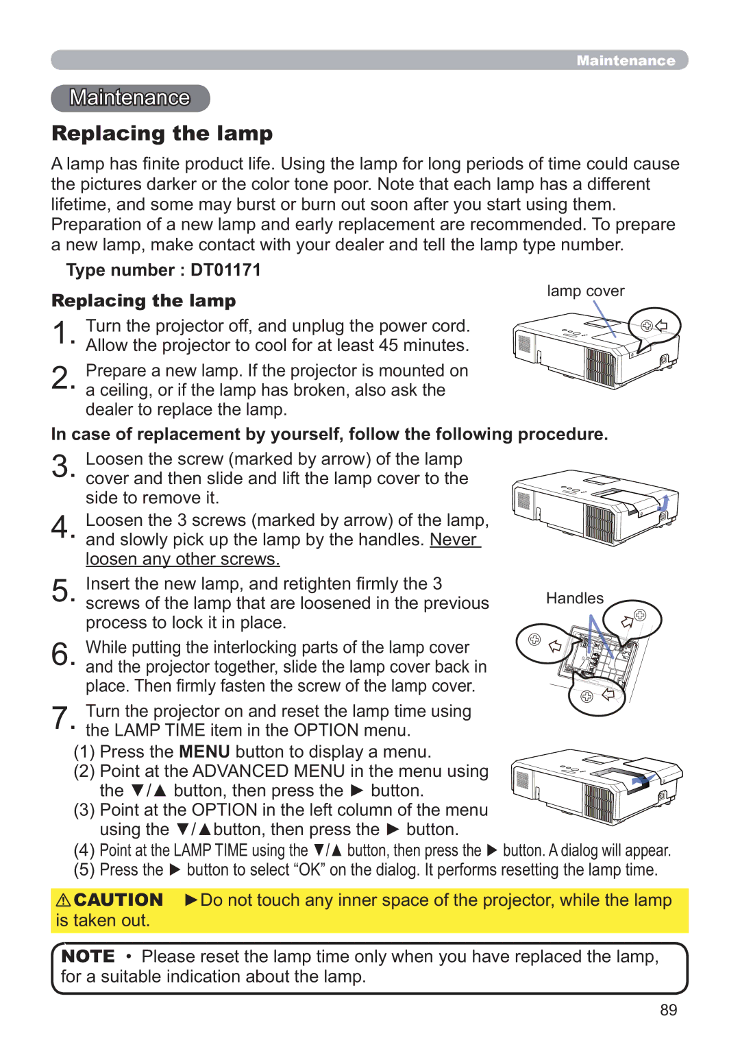 Hitachi CP-X5021N, CP-WX4021N user manual Maintenance, Type number DT01171 Replacing the lamp 