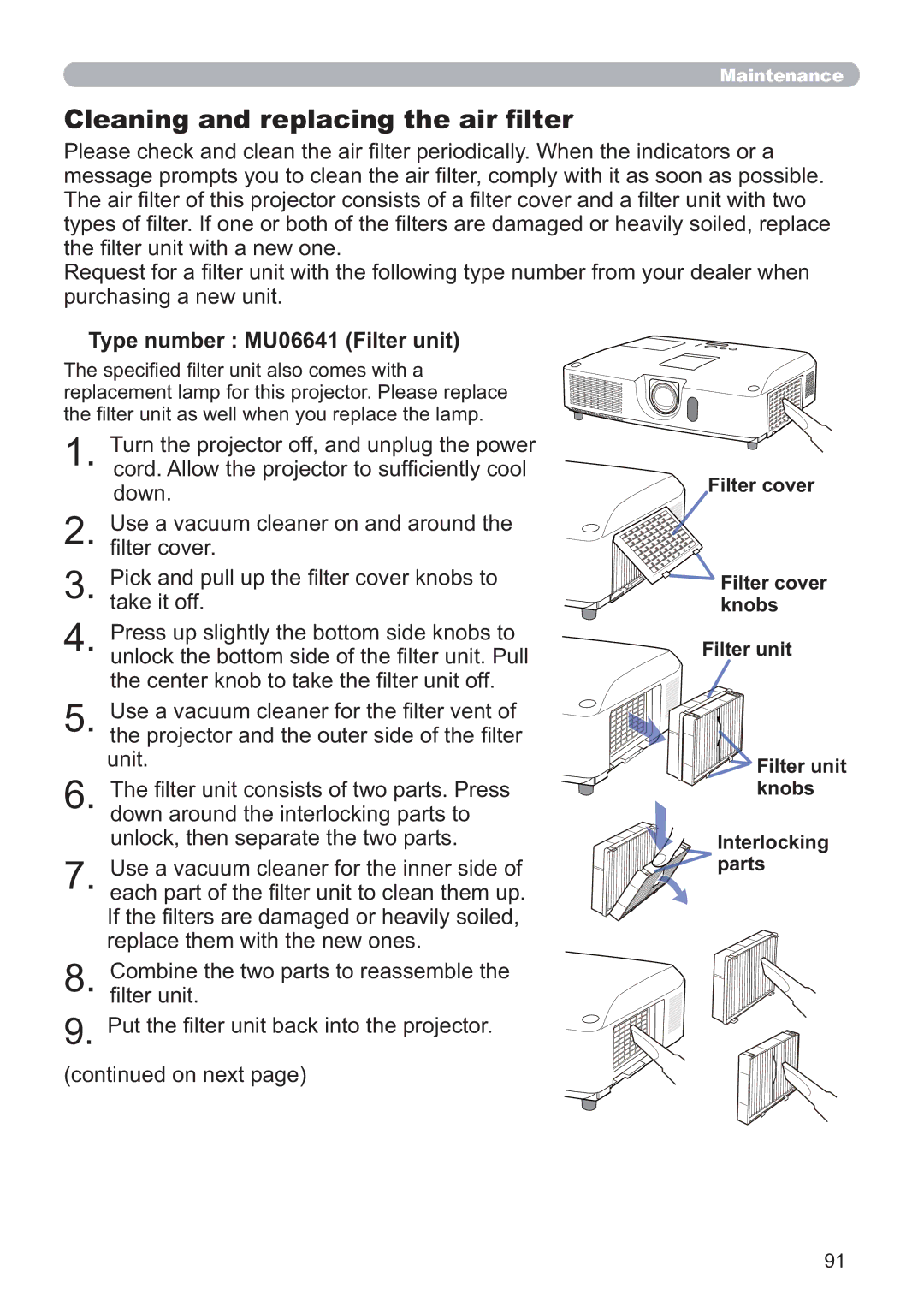 Hitachi CP-X5021N, CP-WX4021N user manual Cleaning and replacing the air ﬁlter, Type number MU06641 Filter unit 