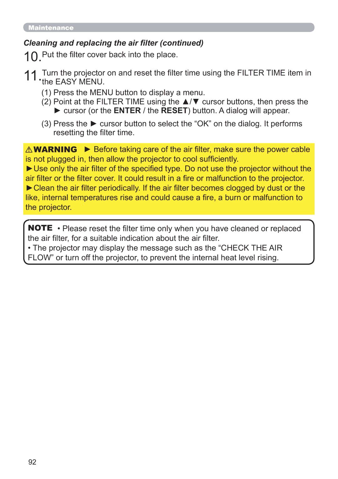 Hitachi CP-WX4021N, CP-X5021N user manual Cleaning and replacing the air ﬁlter 