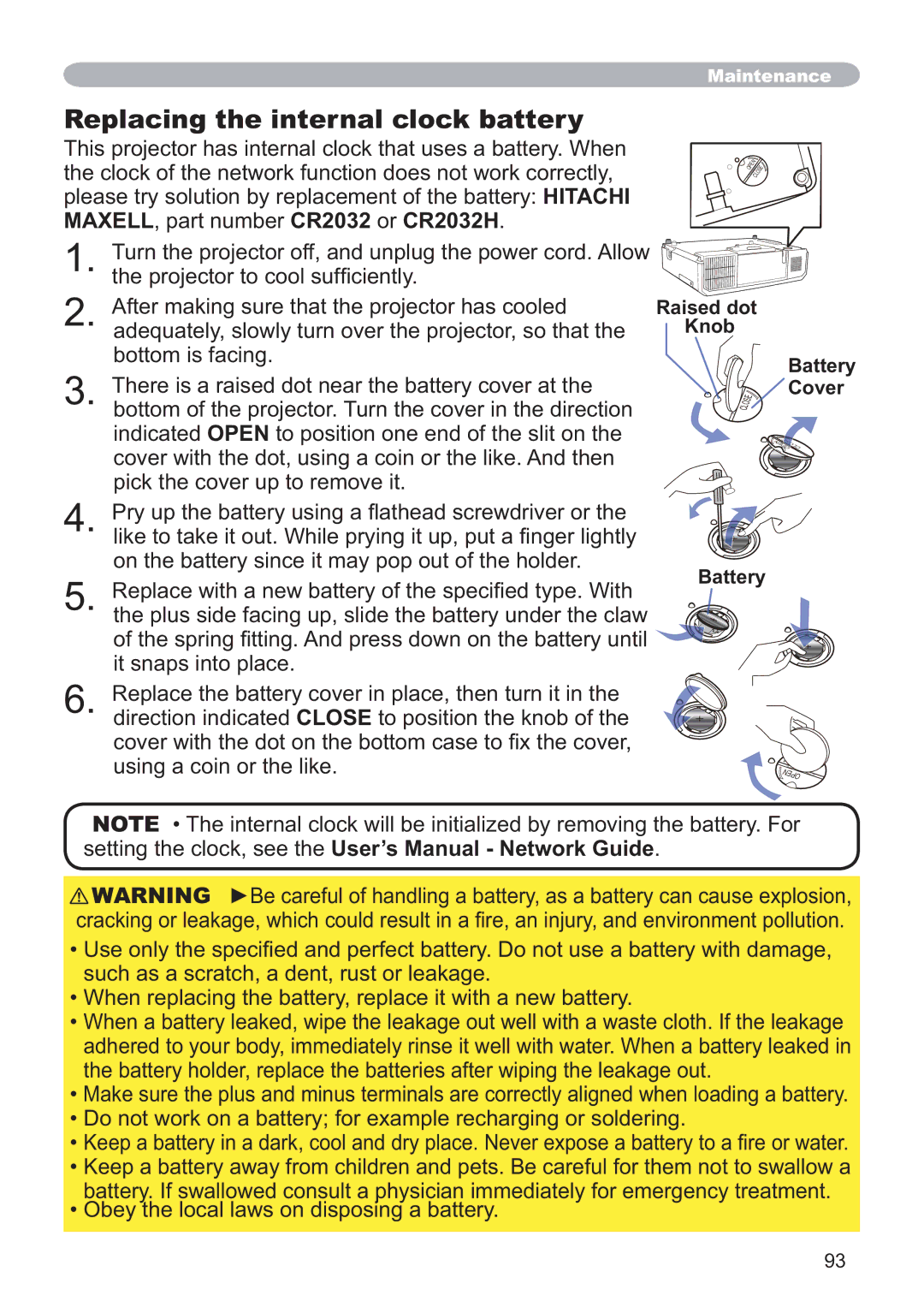 Hitachi CP-X5021N, CP-WX4021N user manual Replacing the internal clock battery, Maxell , part number CR2032 or CR2032H 