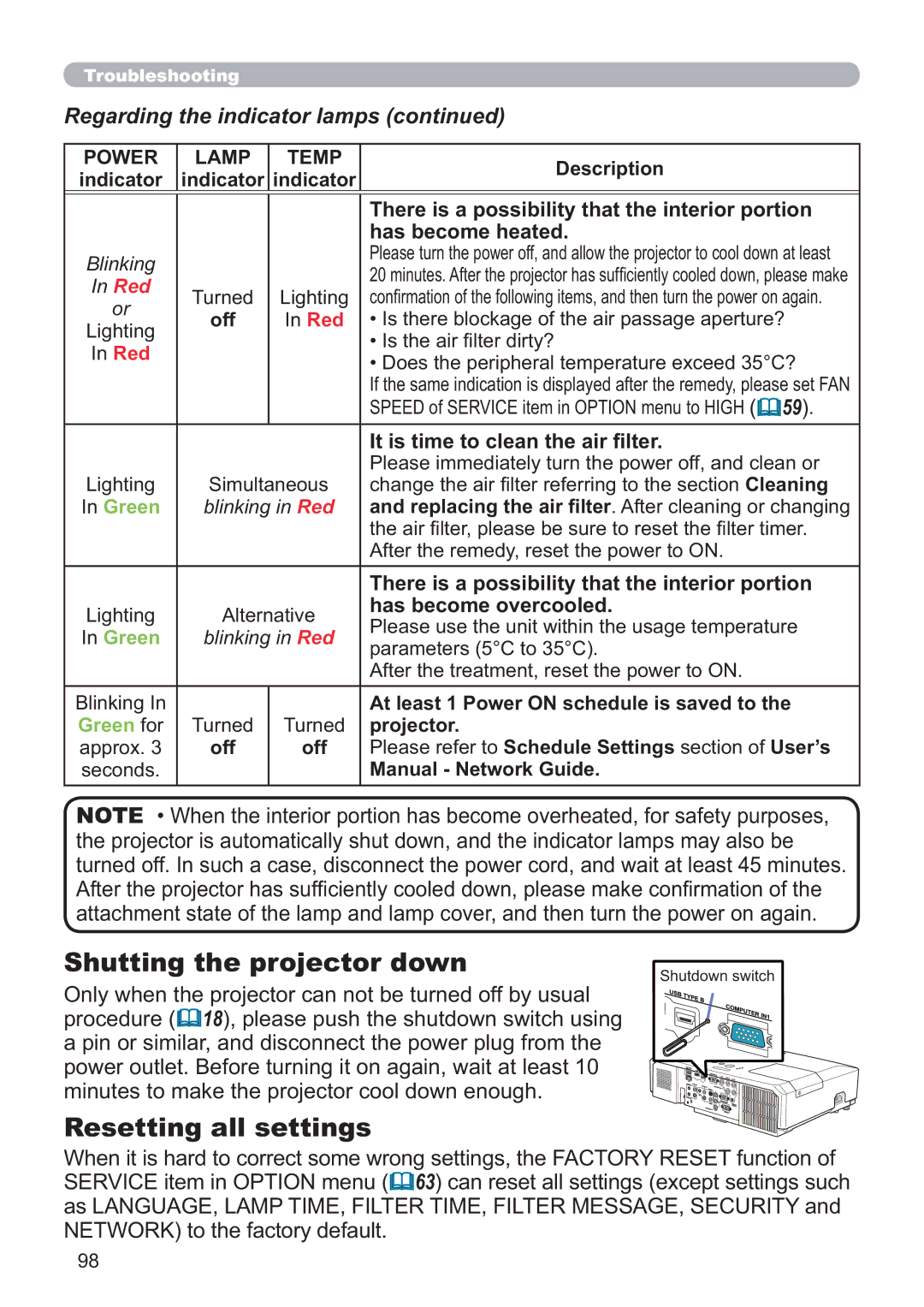 Hitachi CP-WX4021N, CP-X5021N user manual Shutting the projector down, Resetting all settings 