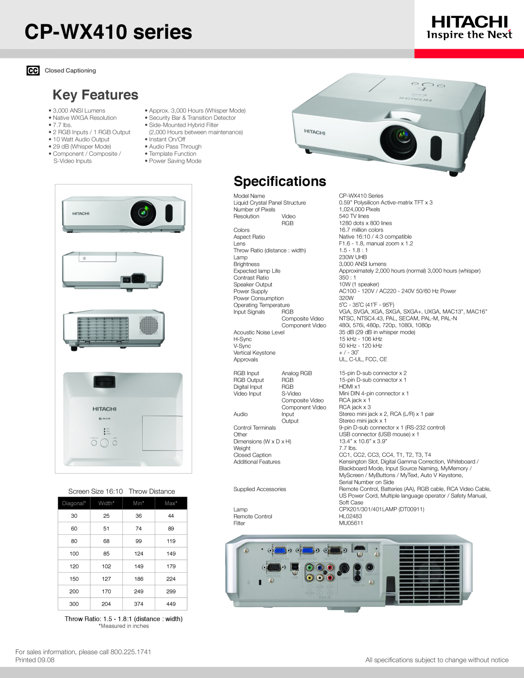Hitachi specifications CP-WX410series, Key Features, Specifications, Screen Size, Throw Distance, Printed, Diagonal 
