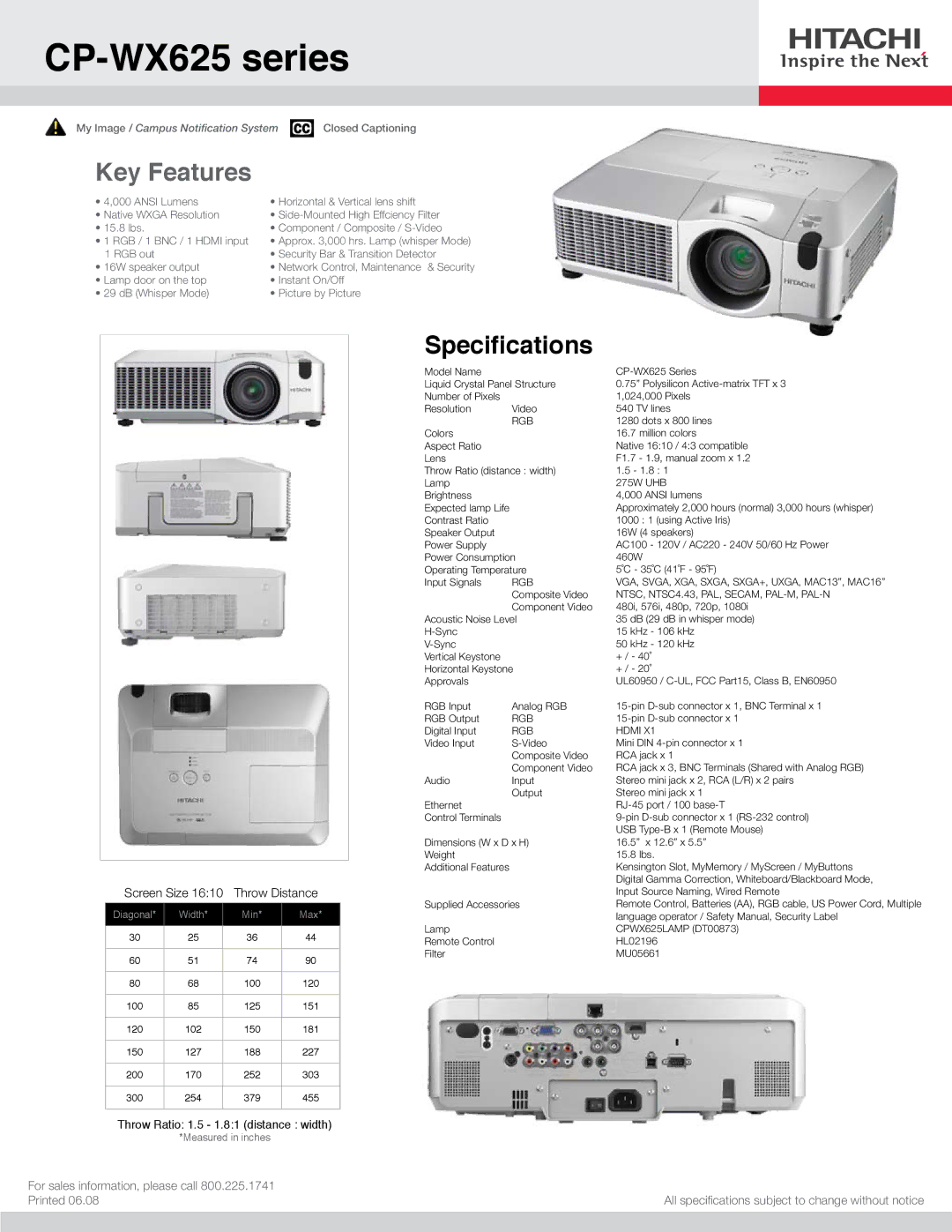 Hitachi specifications CP-WX625 series, Key Features, Specifications, Screen Size Throw Distance 