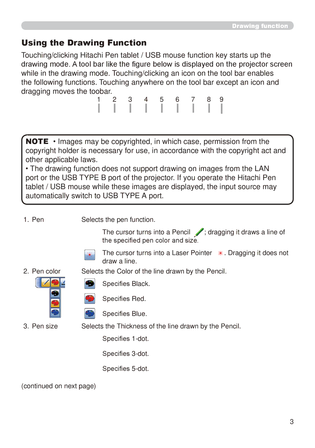 Hitachi CP-X8150, CP-WX8240 user manual Using the Drawing Function, 3 4 5 6 7 8, Pen 