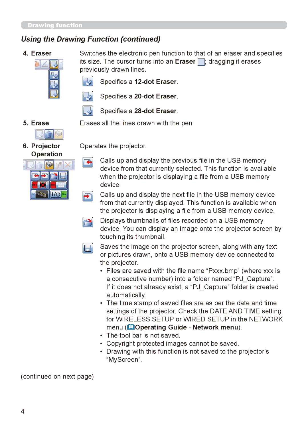 Hitachi CP-WX8240, CP-X8150 user manual Eraser, Projector, Operation 