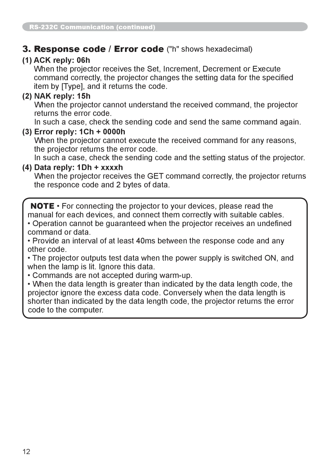 Hitachi CP-WU8440, CP-WX8255, CP-WU8450, CP-SX8350, CP-X8160 user manual Response code / Error code h shows hexadecimal 