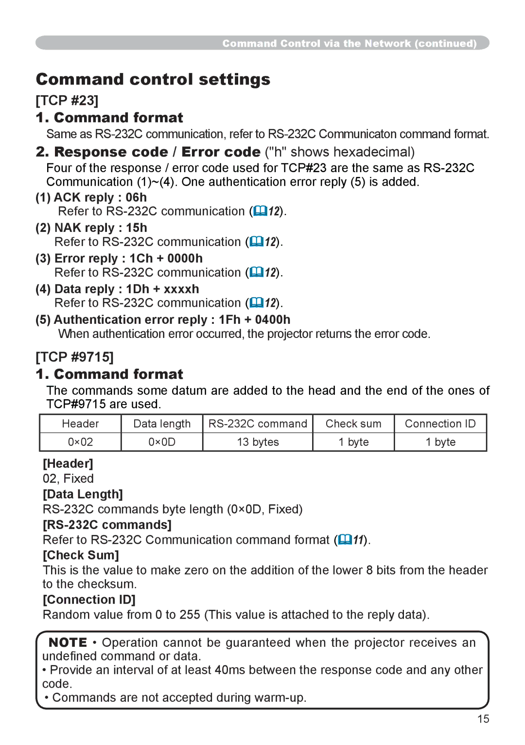 Hitachi CP-WX8255, CP-WU8450, CP-WU8440, CP-SX8350, CP-X8160 user manual Command control settings, TCP #9715 Command format 