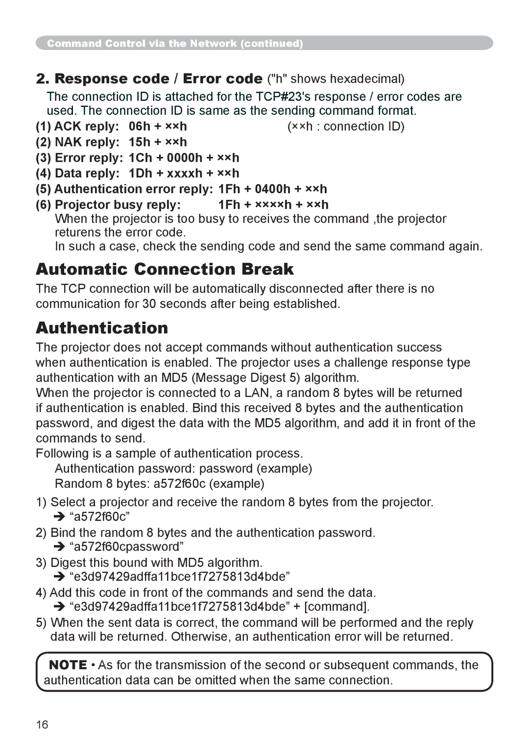 Hitachi CP-WU8450, CP-WX8255, CP-WU8440, CP-SX8350, CP-X8160 user manual Automatic Connection Break, Authentication 