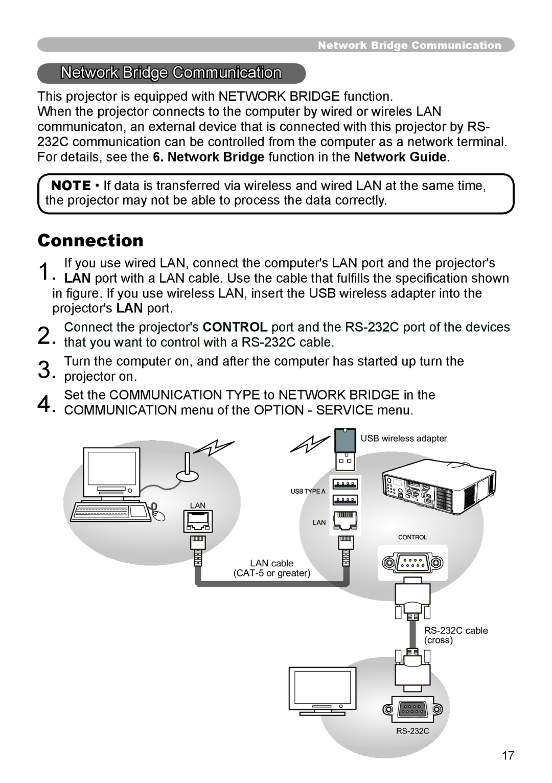 Hitachi CP-WU8440, CP-WX8255, CP-WU8450, CP-SX8350, CP-X8160 user manual Connection, Network Bridge Communication 