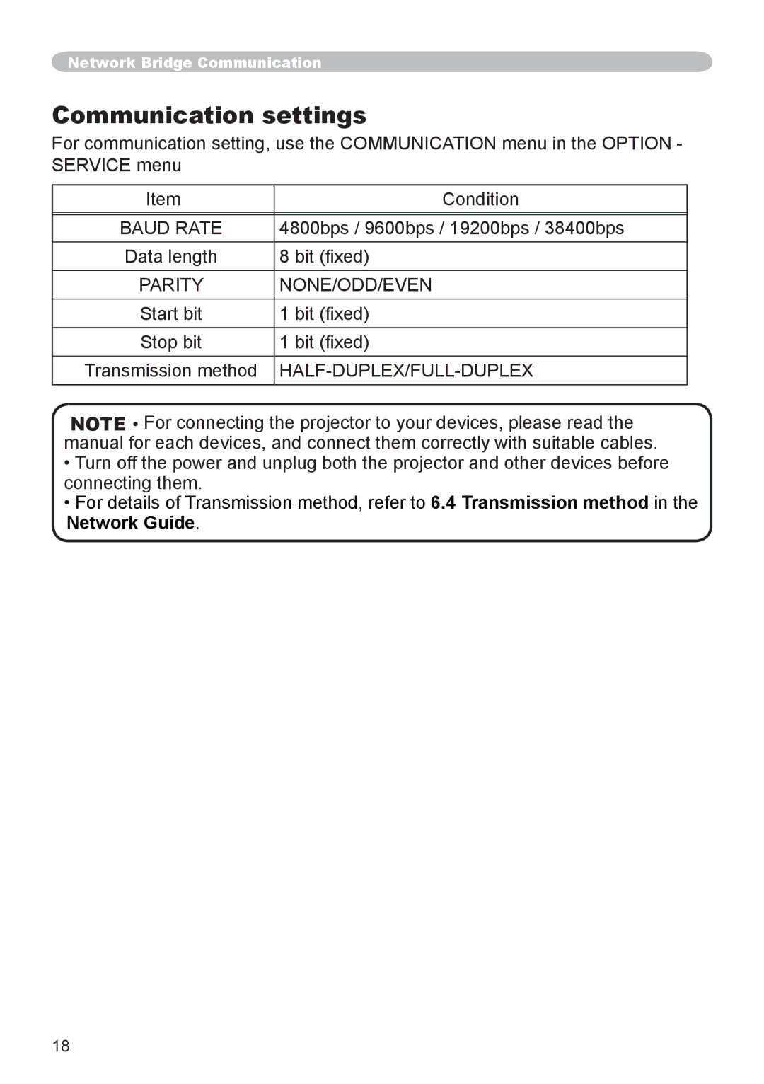 Hitachi CP-SX8350, CP-WX8255, CP-WU8450, CP-WU8440, CP-X8160 user manual Communication settings, Half-Duplex/Full-Duplex 