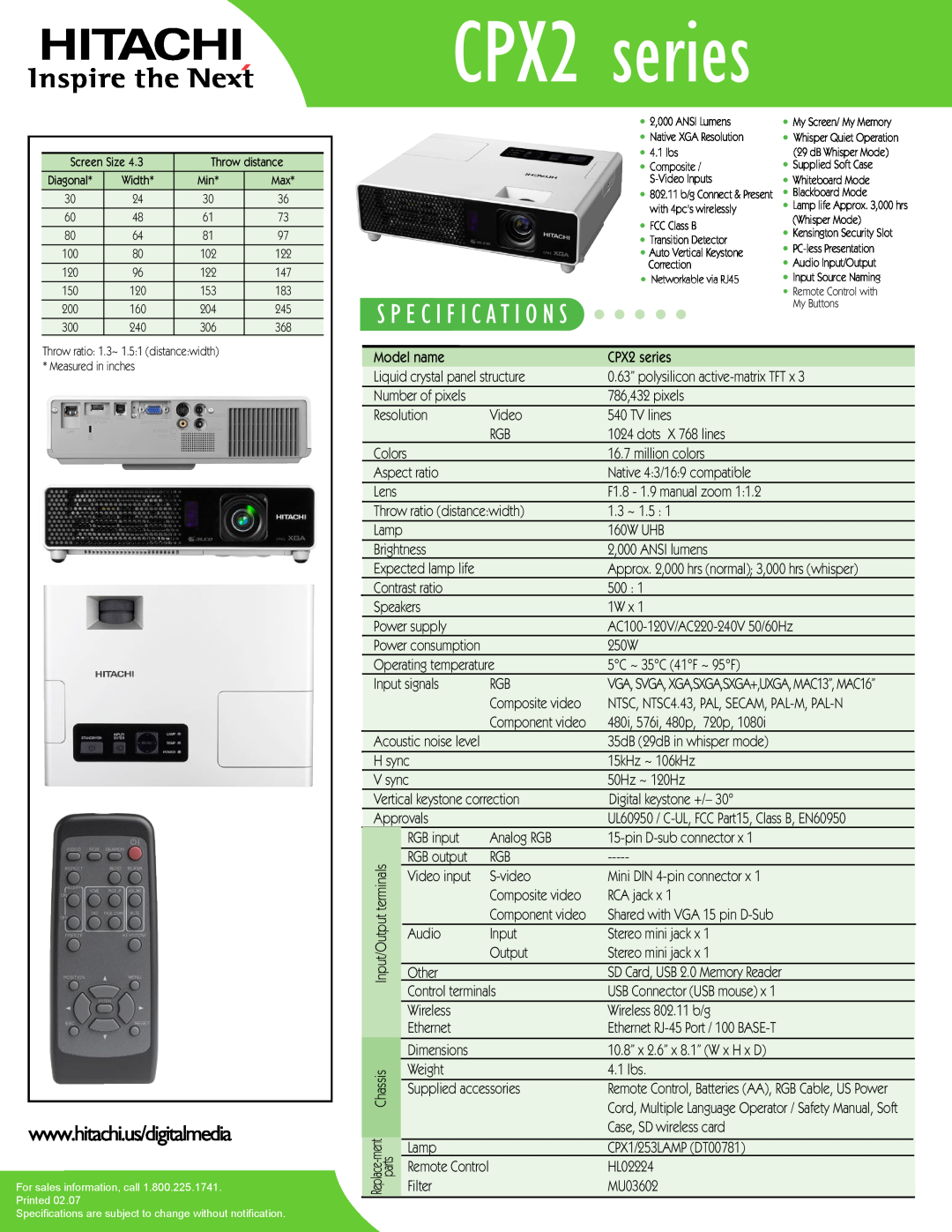 Hitachi CP-X1, CP-X253 specifications series, CPX2, S P E C I F I C A T I O N S 