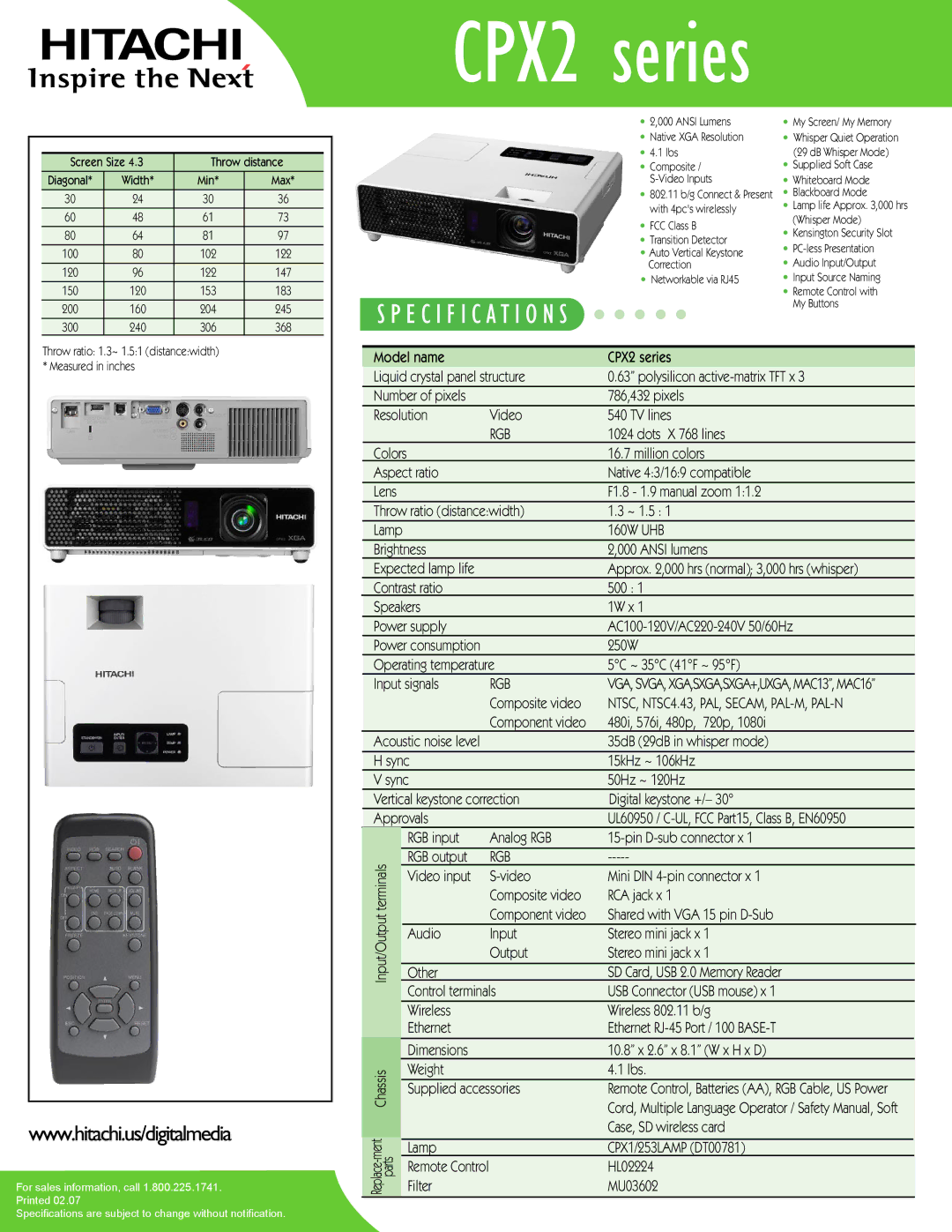 Hitachi CP-X1, CP-X253 specifications Series, Specification S, Rgb 