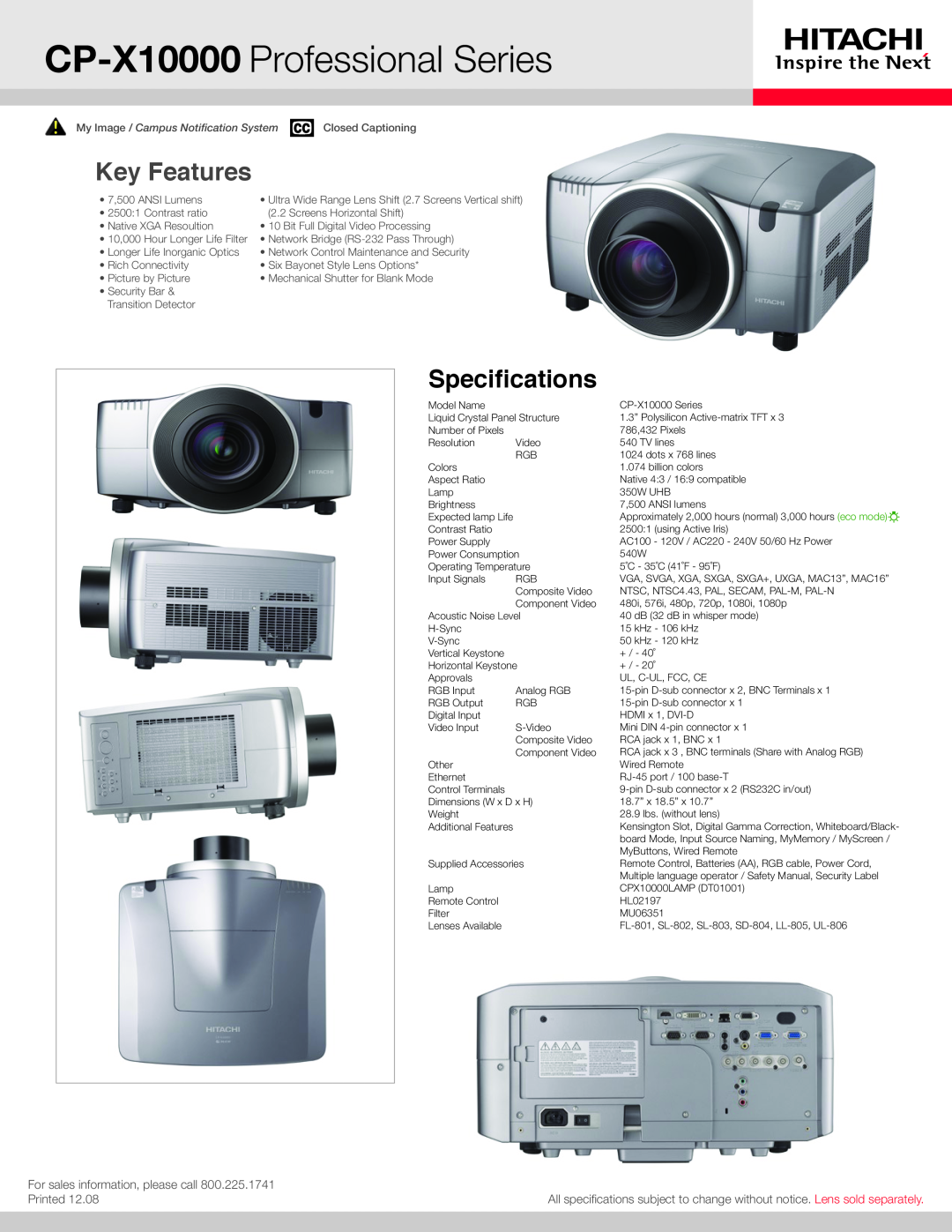 Hitachi manual CP-X10000 Professional Series, Key Features, Specifications 