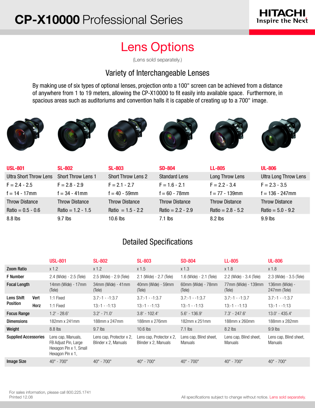 Hitachi CP-X10000 Professional Series, Lens Options, Variety of Interchangeable Lenses, Detailed Specifications, SL-802 