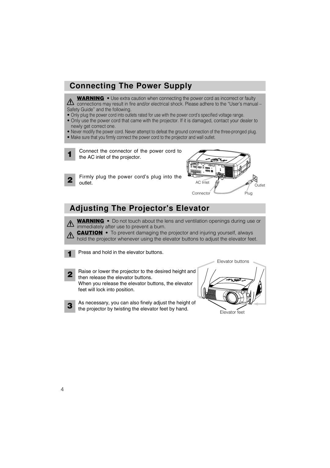 Hitachi CP-X1200 user manual Connecting The Power Supply, Adjusting The Projectors Elevator 