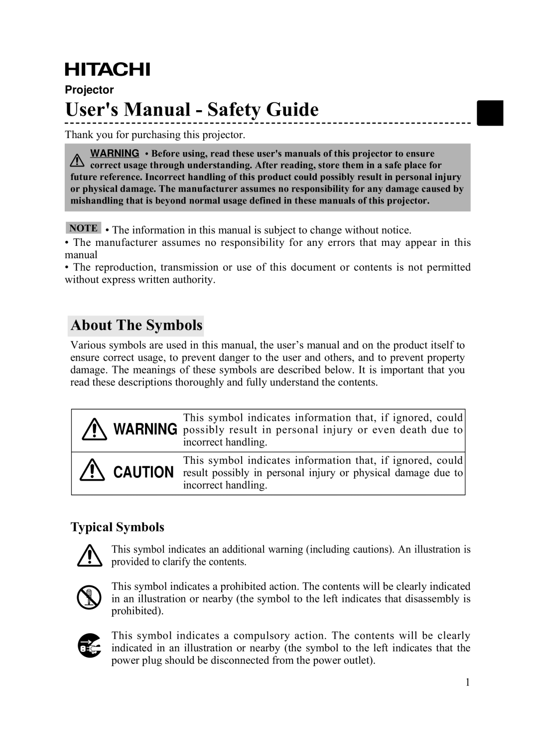 Hitachi CP-X1200 user manual About The Symbols 