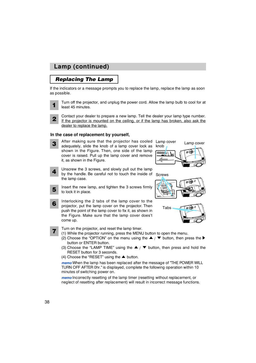 Hitachi CP-X1200 user manual Replacing The Lamp, Dealer to replace the lamp, Knob 