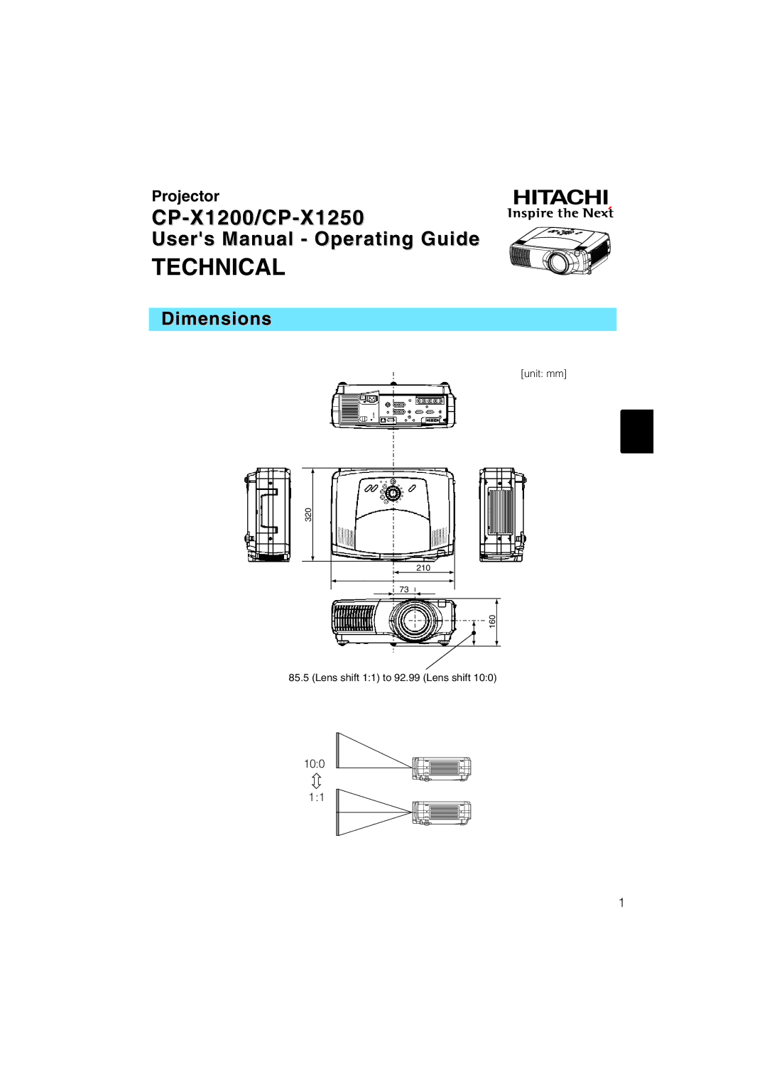 Hitachi CP-X1200 user manual Technical, Dimensions 