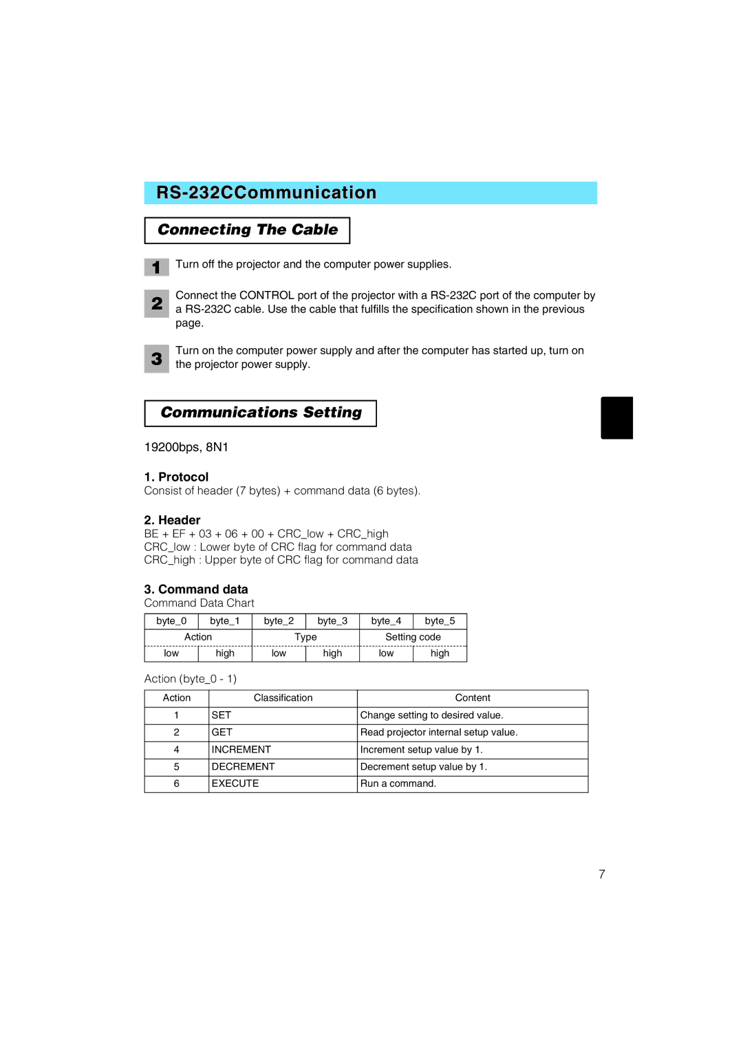 Hitachi CP-X1200 user manual RS-232CCommunication, Connecting The Cable, Communications Setting 