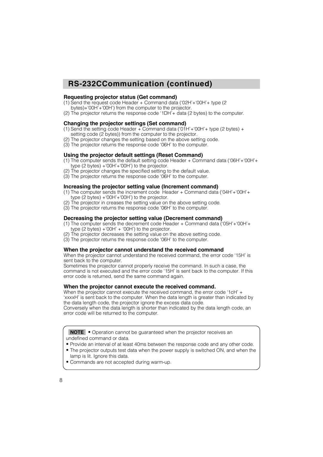 Hitachi CP-X1200 user manual Requesting projector status Get command 