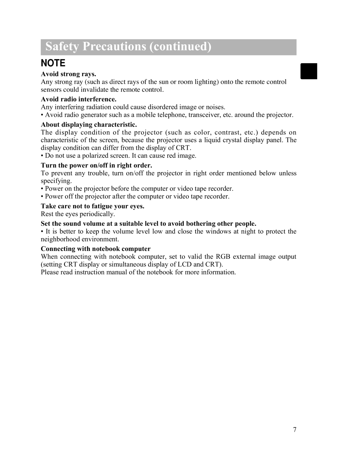 Hitachi CP-X1200 user manual Take care not to fatigue your eyes 