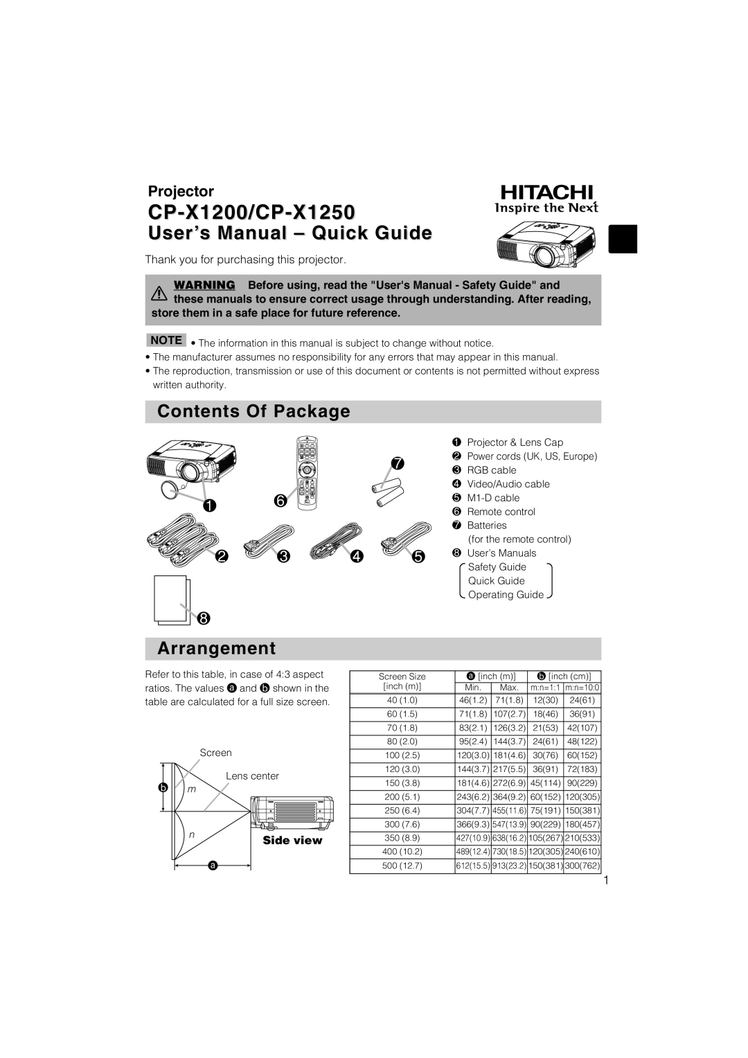 Hitachi CP-X1250 user manual Contents Of Package, Arrangement, store them in a safe place for future reference, Side view 