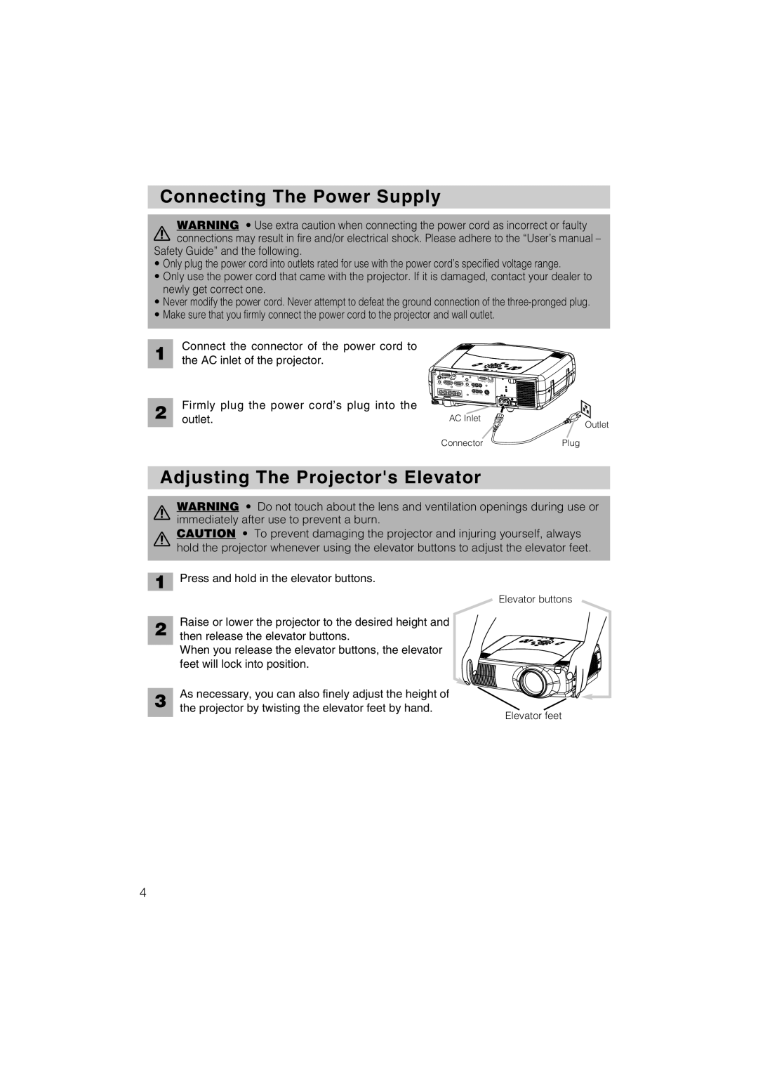 Hitachi CP-X1250 user manual Connecting The Power Supply, Adjusting The Projectors Elevator 