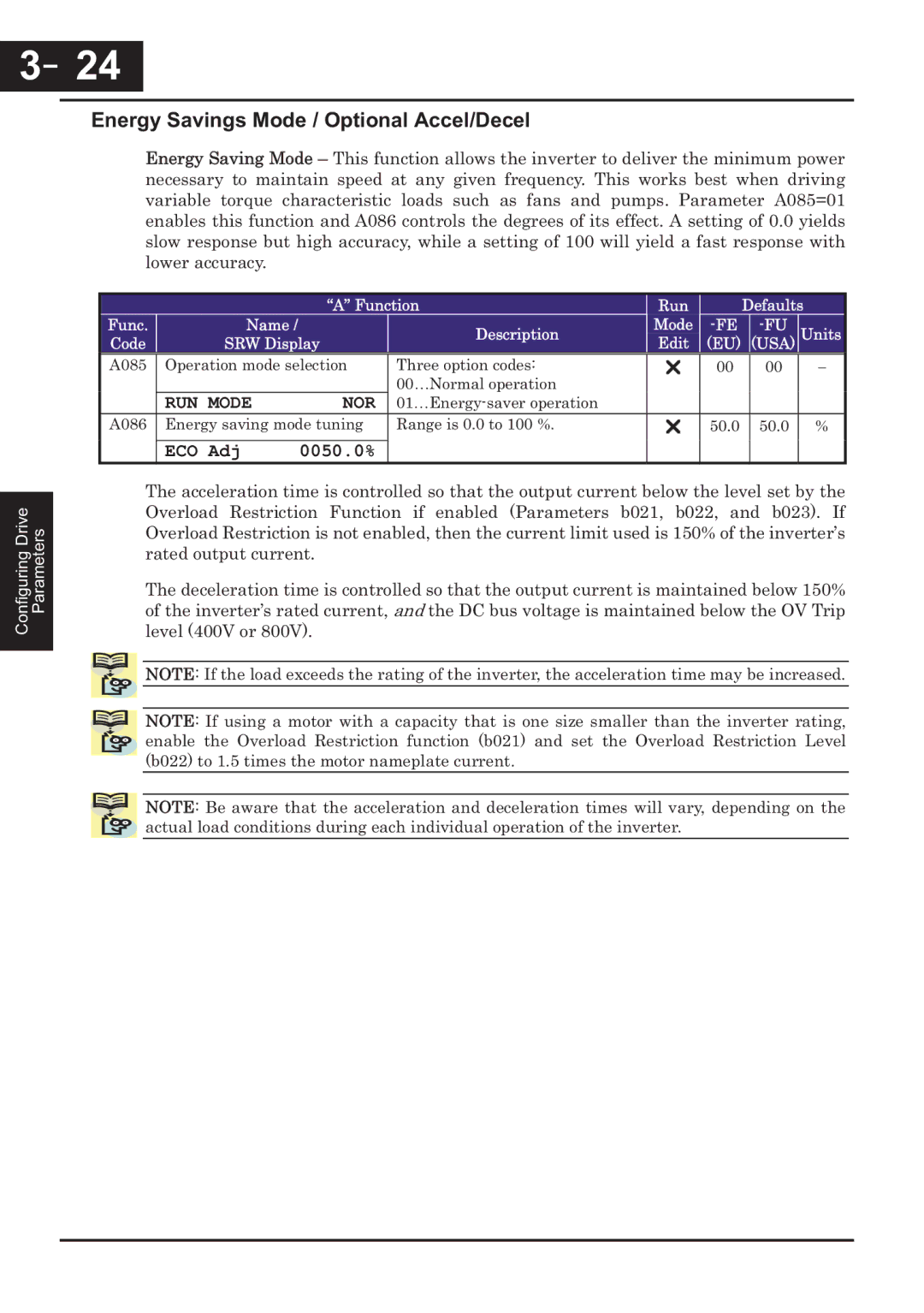 Hitachi CP-X200 instruction manual Energy Savings Mode / Optional Accel/Decel, RUN Mode NOR, ECO Adj 