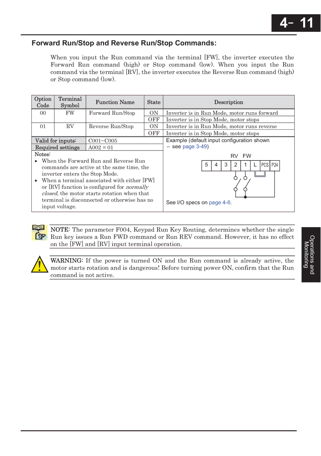 Hitachi CP-X200 instruction manual －11, Forward Run/Stop and Reverse Run/Stop Commands 