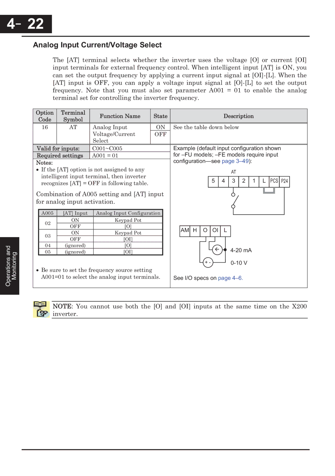 Hitachi CP-X200 instruction manual Analog Input Current/Voltage Select, Combination of A005 setting and AT input 