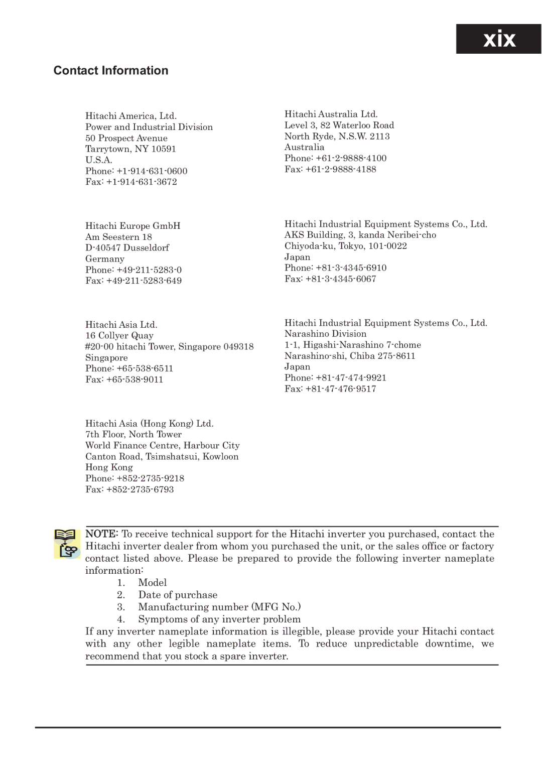 Hitachi CP-X200 instruction manual Xix, Contact Information 