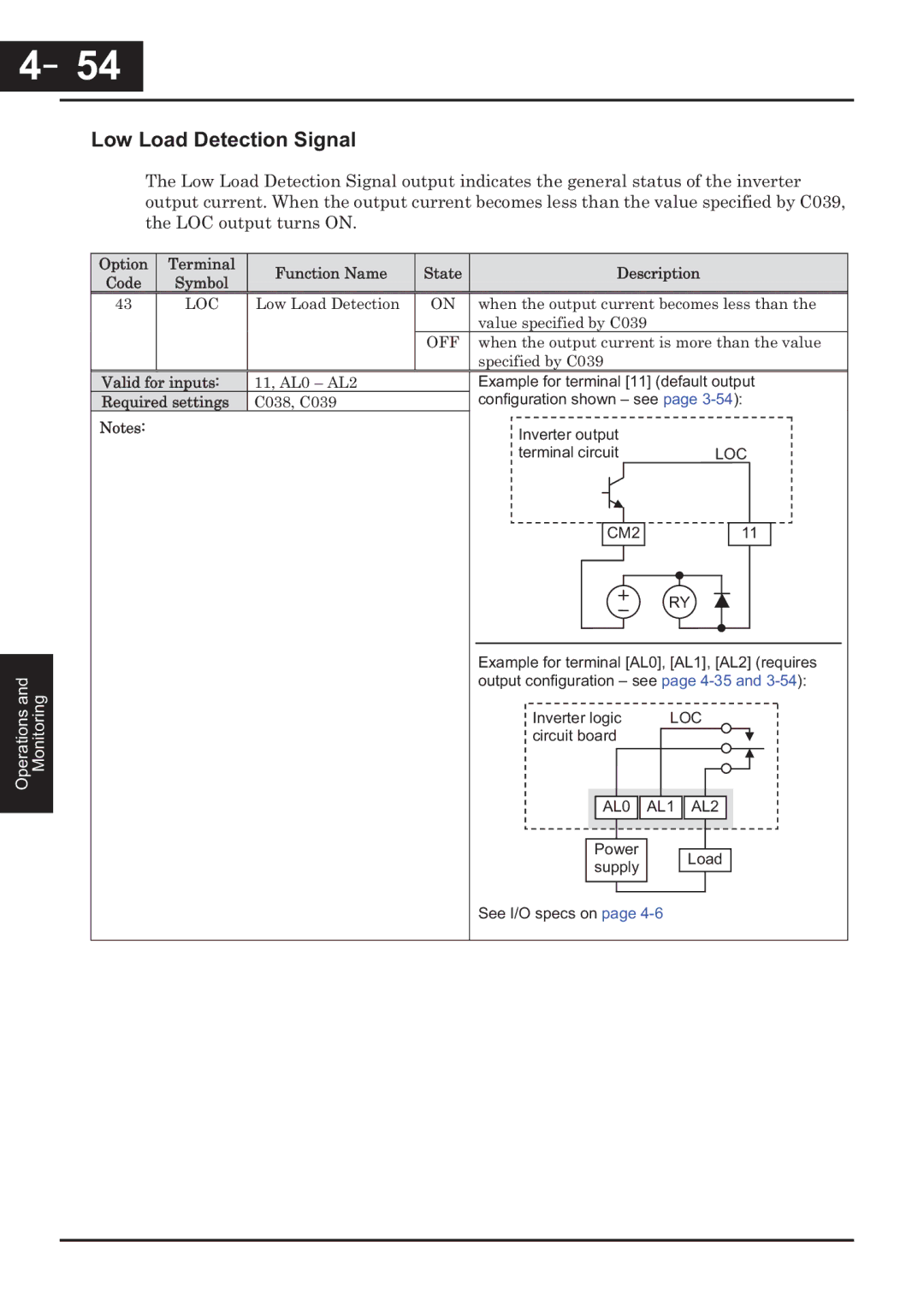 Hitachi CP-X200 instruction manual Low Load Detection Signal, Valid for inputs 11, AL0 AL2 Required settings C038, C039 