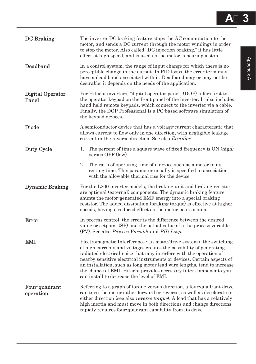 Hitachi CP-X200 instruction manual Inverter DC braking feature stops the AC commutation to, Keypad devices, Versus OFF low 