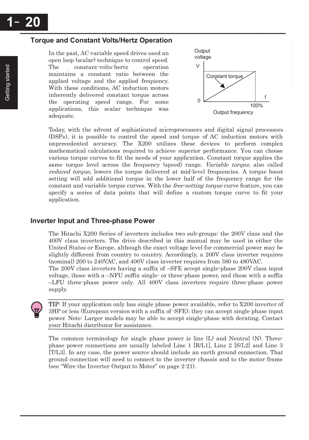 Hitachi CP-X200 －20, 20, Torque and Constant Volts/Hertz Operation, Inverter Input and Three-phase Power 