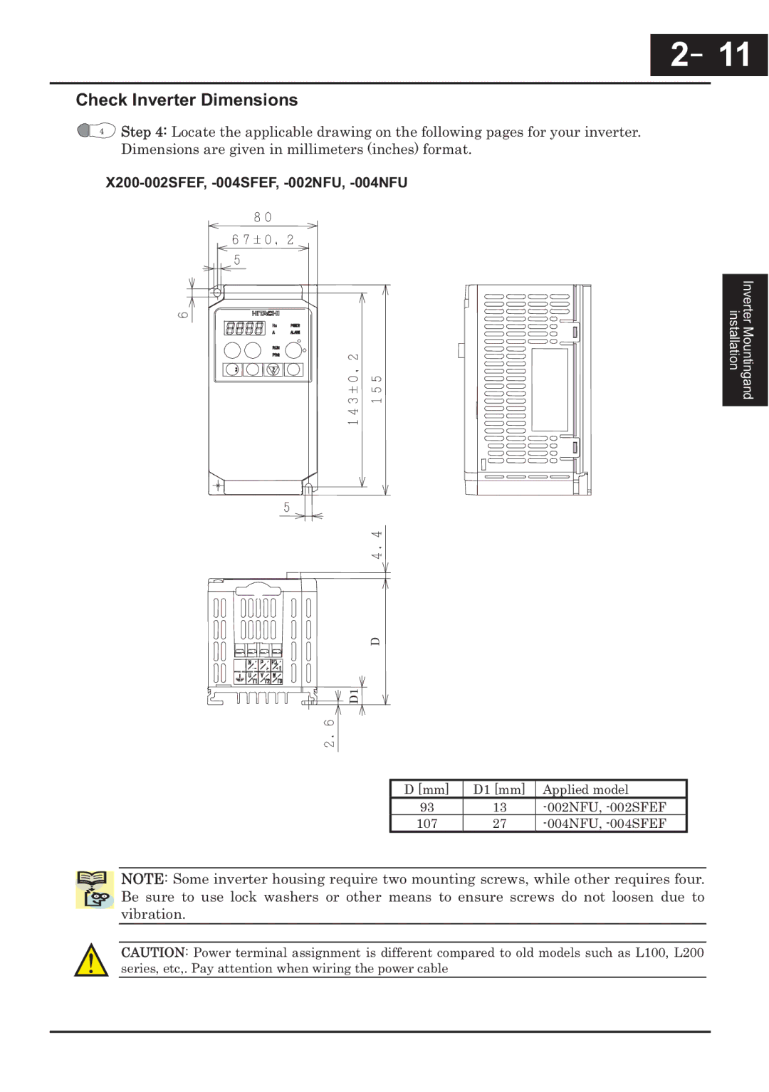 Hitachi CP-X200 instruction manual Check Inverter Dimensions, X200-002SFEF, -004SFEF, -002NFU, -004NFU 