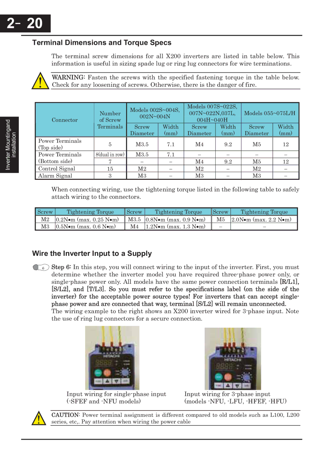 Hitachi CP-X200 instruction manual Terminal Dimensions and Torque Specs, Wire the Inverter Input to a Supply 