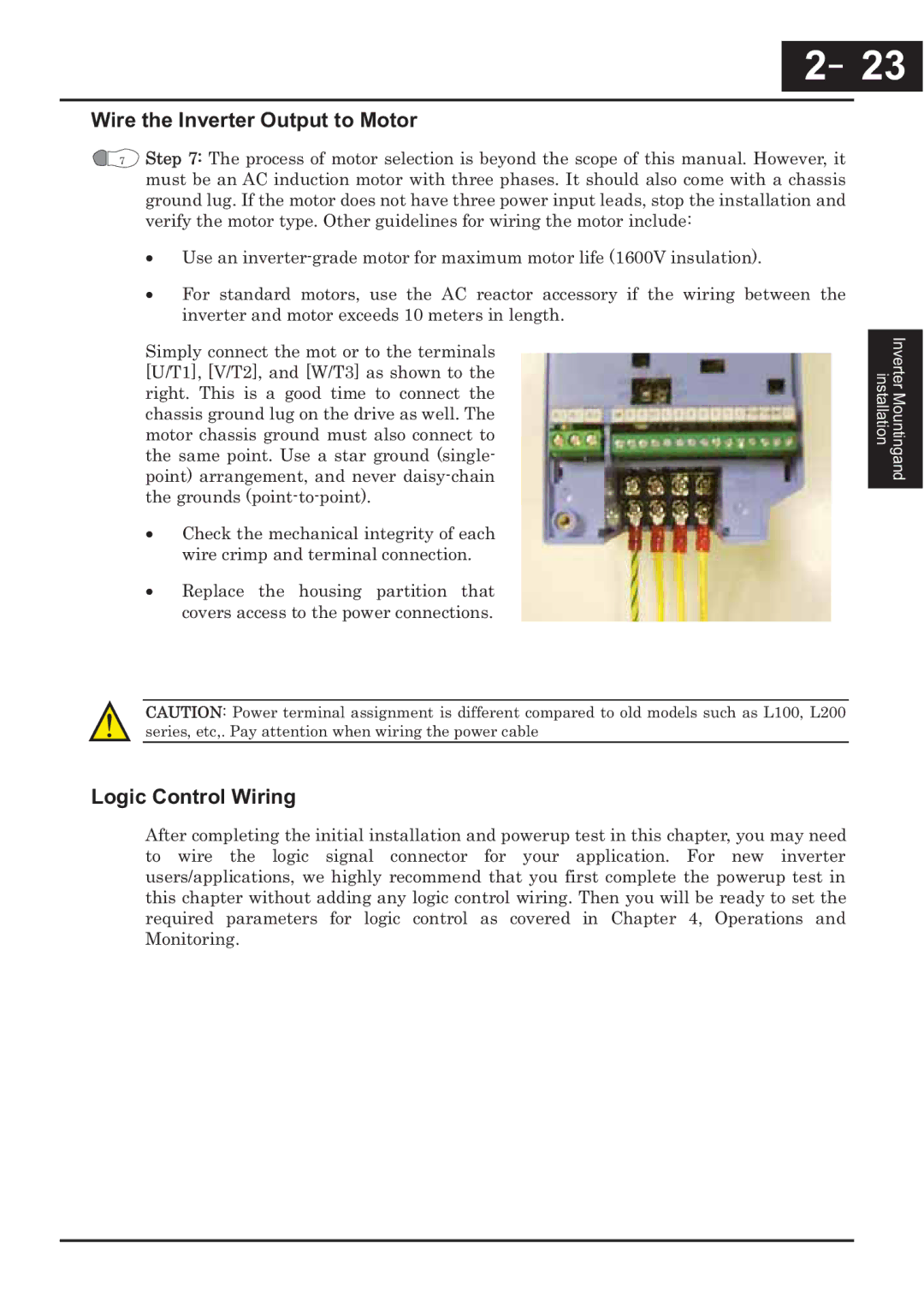 Hitachi CP-X200 instruction manual －23, 23, Wire the Inverter Output to Motor, Logic Control Wiring 