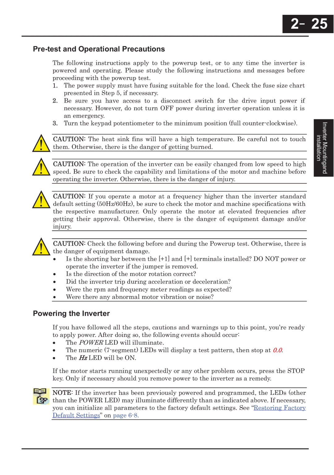 Hitachi CP-X200 instruction manual －25, 25, Pre-test and Operational Precautions, Powering the Inverter 