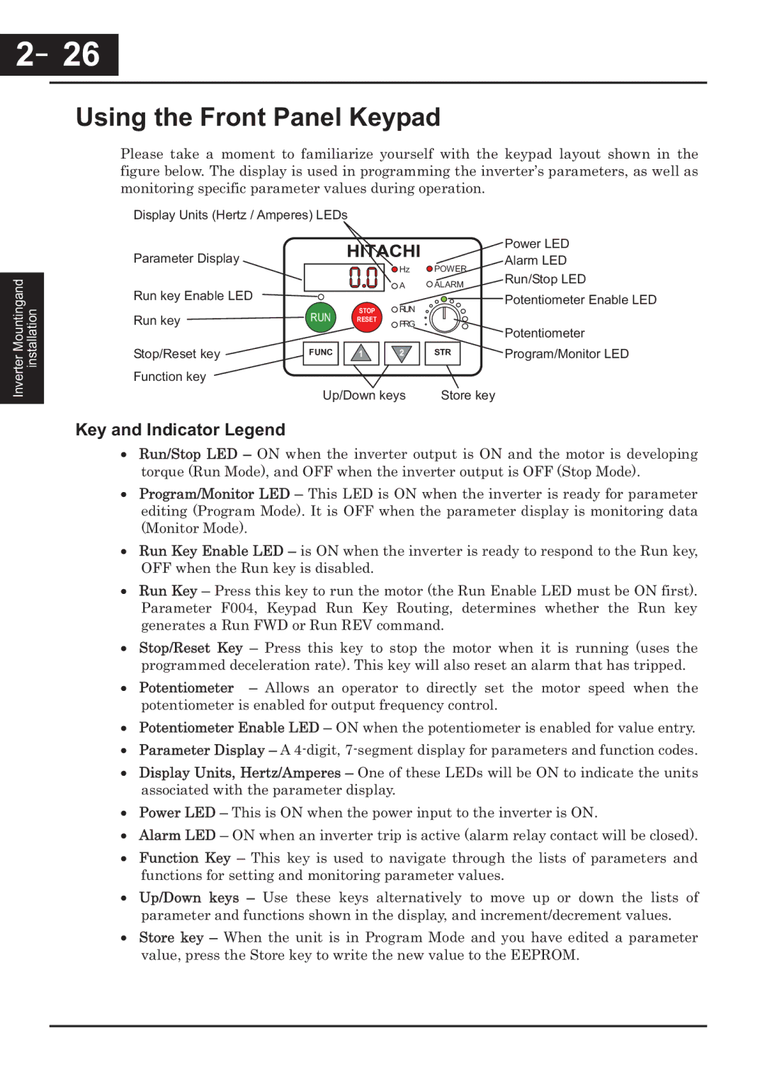 Hitachi CP-X200 instruction manual 26, Using the Front Panel Keypad, Key and Indicator Legend 