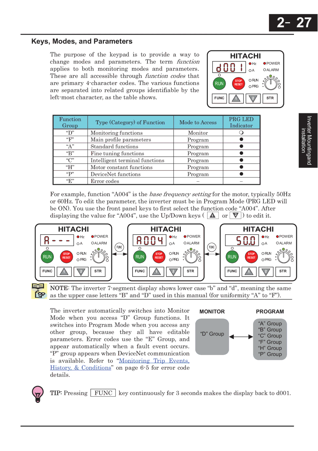 Hitachi CP-X200 instruction manual －27, 27, Keys, Modes, and Parameters, TIP Pressing 