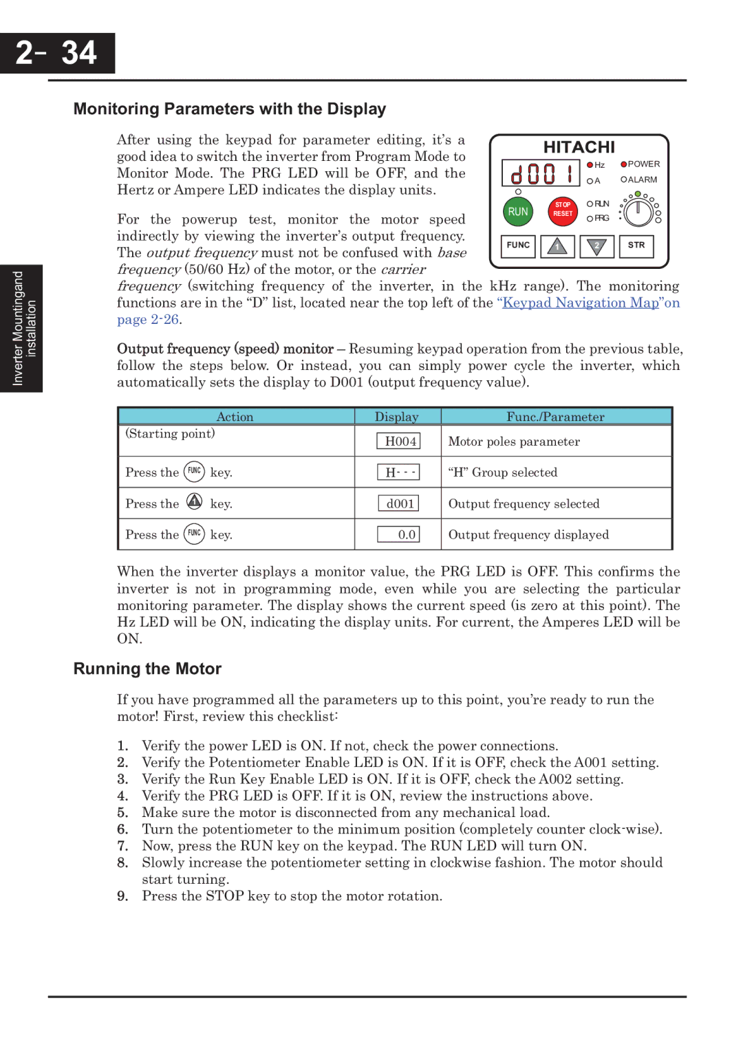 Hitachi CP-X200 instruction manual －34, 34, Monitoring Parameters with the Display, Running the Motor 