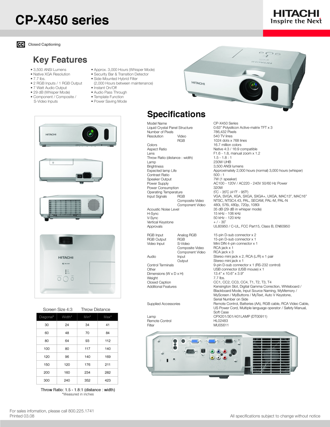 Hitachi specifications CP-X450series, Key Features, Specifications, Screen Size 4, Throw Distance, Printed, Diagonal 