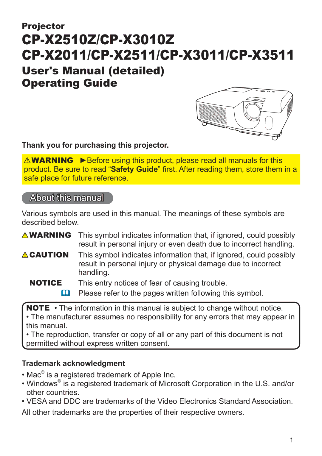 Hitachi CP-X3511, CP-X2011, CP-X3010Z user manual Thank you for purchasing this projector, Trademark acknowledgment 