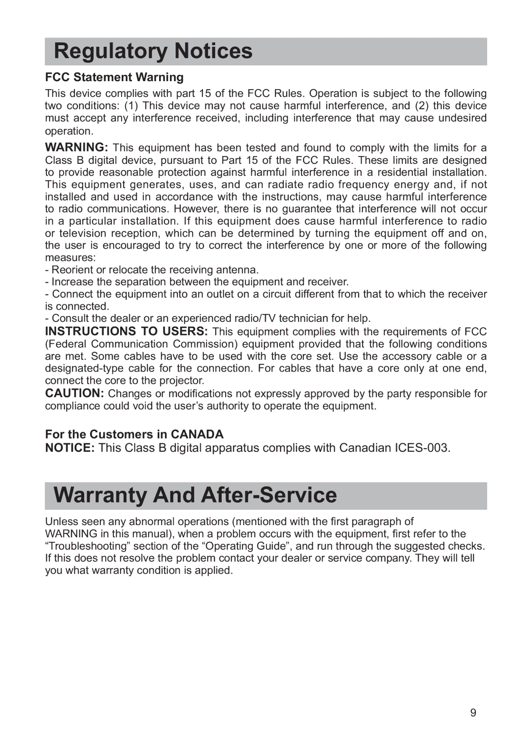 Hitachi CP-X2011, CP-X3511, CP-X3010Z, CP-X2511, CP-X3011 user manual FCC Statement Warning, For the Customers in Canada 