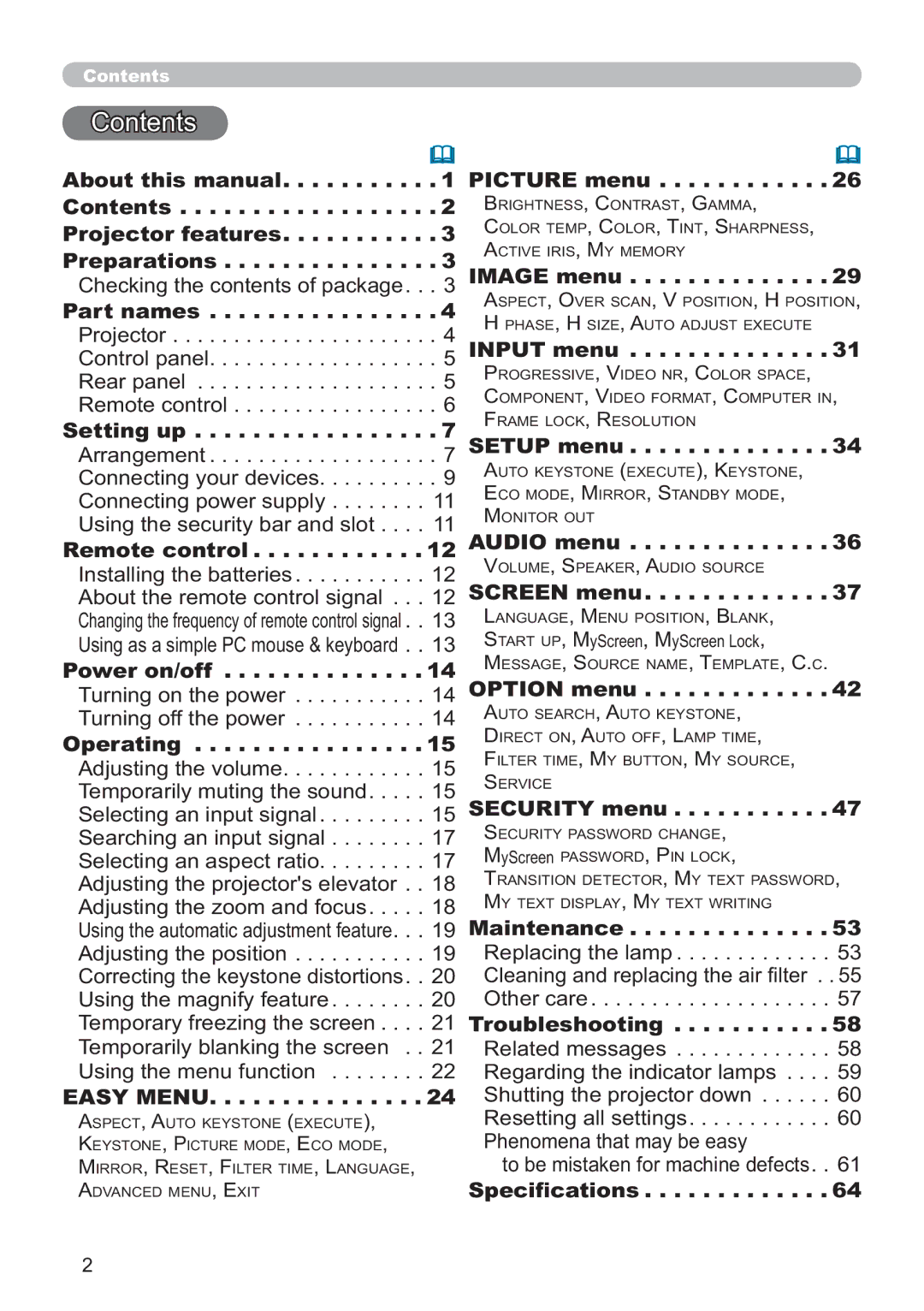 Hitachi CP-X3511, CP-X2011, CP-X3010Z, CP-X2511, CP-X3011 user manual Easy Menu 