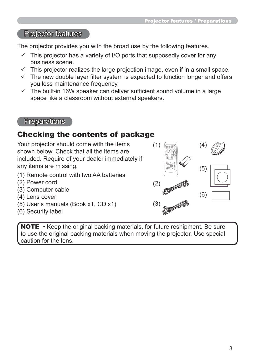 Hitachi CP-X3010Z, CP-X2011, CP-X3511, CP-X2511, CP-X3011 user manual Checking the contents of package 