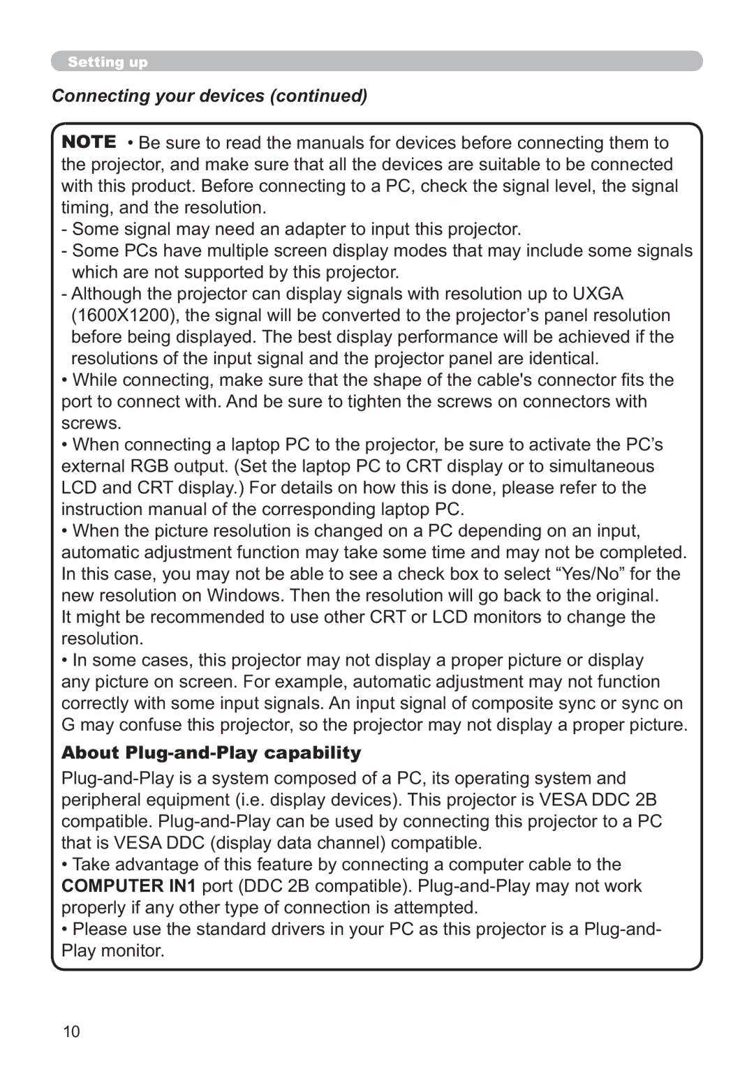 Hitachi CP-X3011, CP-X2011, CP-X3511, CP-X3010Z, CP-X2511 user manual Connecting your devices, About Plug-and-Play capability 