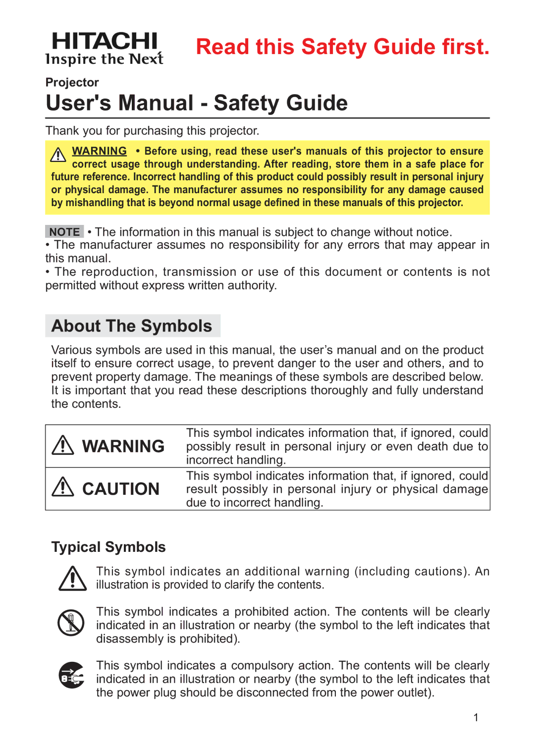 Hitachi CP-X3010Z, CP-X2011, CP-X3511, CP-X2511, CP-X3011 user manual Typical Symbols, Projector 