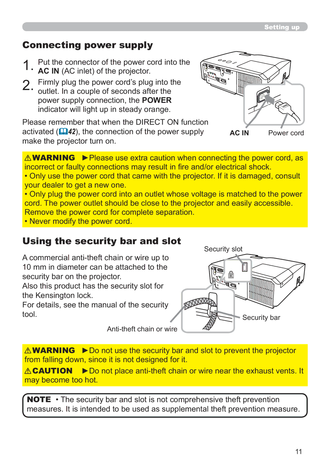 Hitachi CP-X2011, CP-X3511, CP-X3010Z, CP-X2511, CP-X3011 user manual Connecting power supply, Using the security bar and slot 
