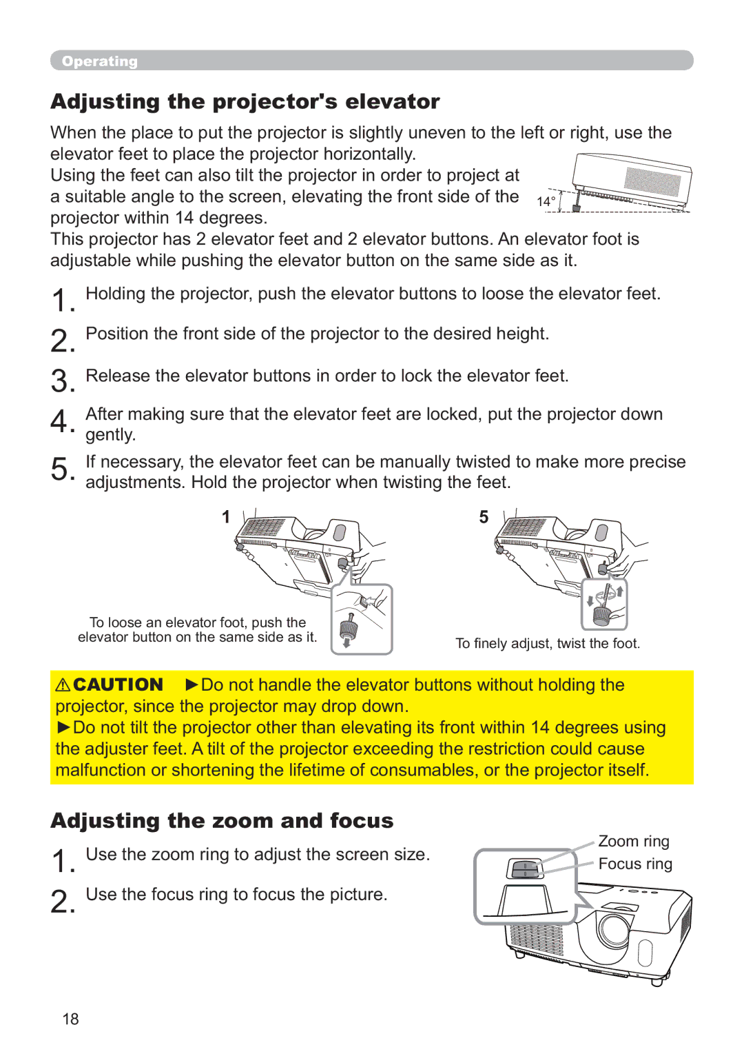 Hitachi CP-X3010Z, CP-X2011, CP-X3511, CP-X2511, CP-X3011 Adjusting the projectors elevator, Adjusting the zoom and focus 